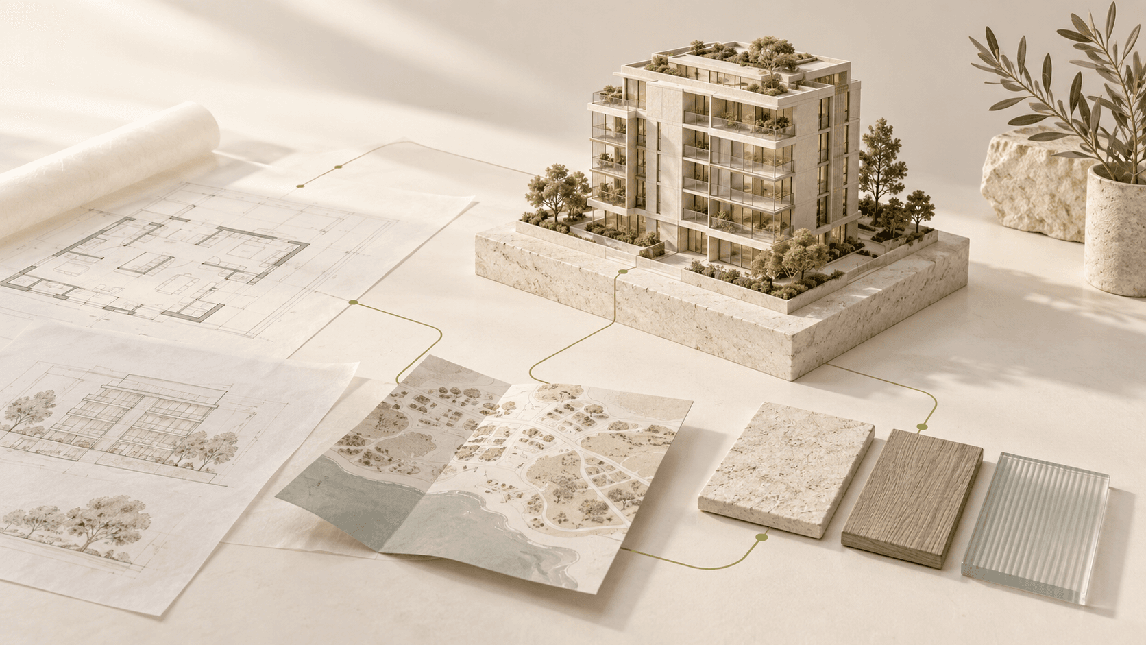 Konzeptbild eines Architekturmodells mit Projektplänen